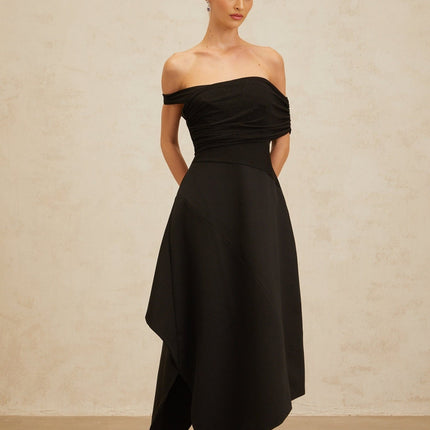 Meredith Black Maxi Dress with Asymmetrical Hemline and Ruched Detailing