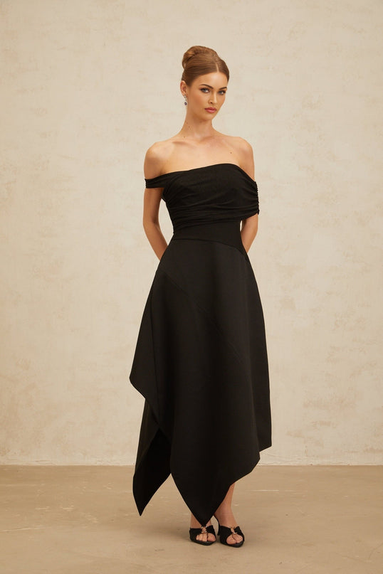 Meredith Black Maxi Dress with Asymmetrical Hemline and Ruched Detailing