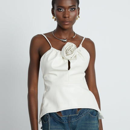Meredith White Floral Top PU Leather Feel Spaghetti Straps Scoop Back Zip Fastening