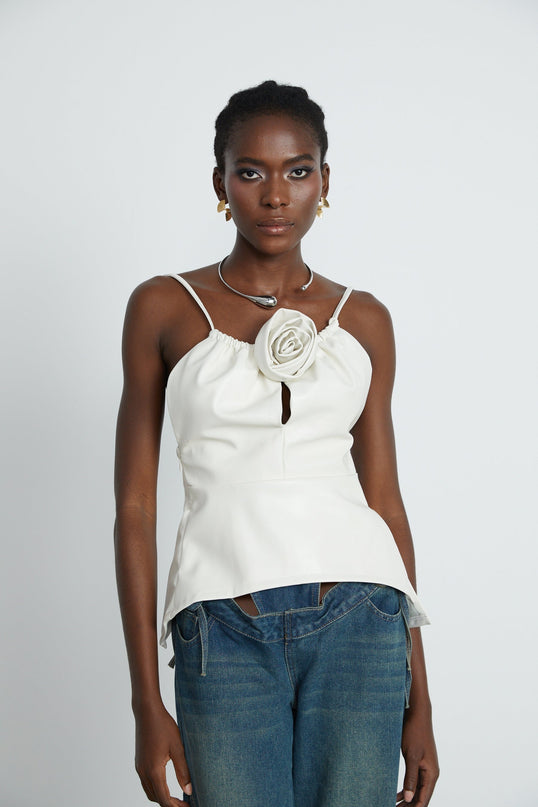 Meredith White Floral Top PU Leather Feel Spaghetti Straps Scoop Back Zip Fastening