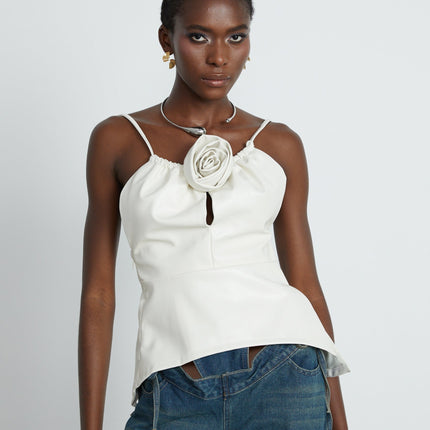 Meredith White Floral Top PU Spaghetti Straps Scoop Back