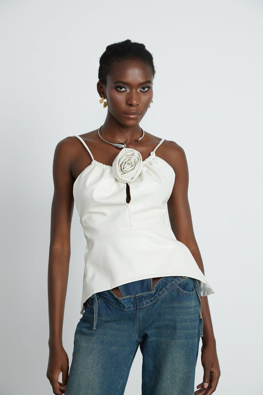 Meredith White Floral Top PU Spaghetti Straps Scoop Back