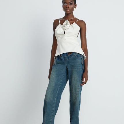 Meredith White Floral Top PU Leather Feel Spaghetti Straps Scoop Back Zip Fastening