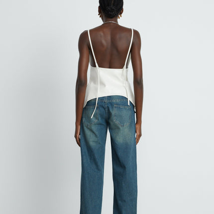Meredith White Floral Top with Leather-Feel Detailing and Spaghetti Straps