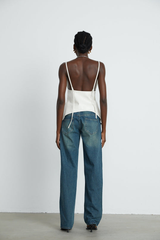 Meredith White Floral Top with Leather-Feel Detailing and Spaghetti Straps