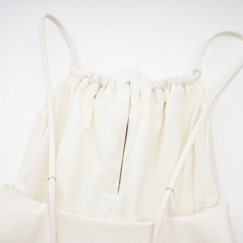Meredith White Floral Top PU Leather Detailing Spaghetti Straps Scoop Back Zip Fastening