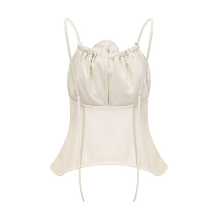 Meredith White Floral Top PU Leather Feel Spaghetti Straps Scoop Back Zip Fastening