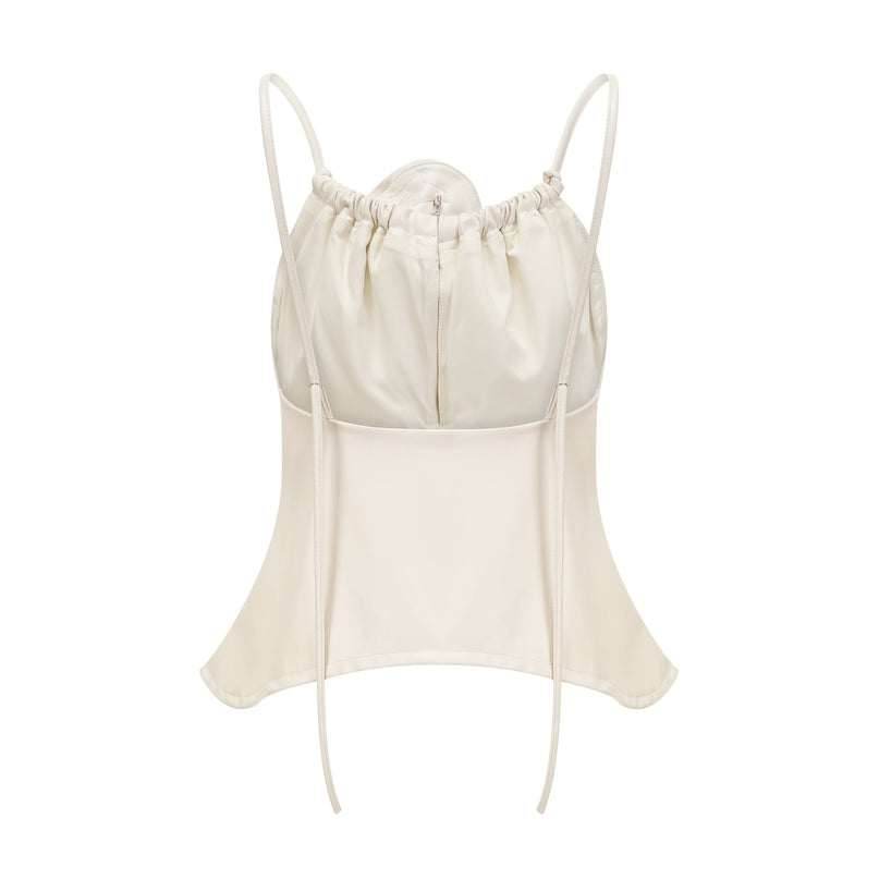 Meredith White Floral Top PU Leather Feel Spaghetti Straps Scoop Back Zip Fastening