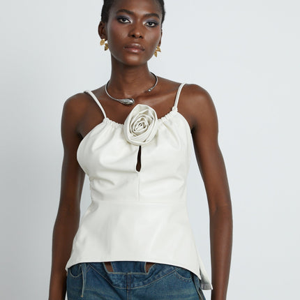 Meredith White Floral Top PU Leather Feel Spaghetti Straps Scoop Back Zip Fastening