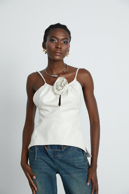 Meredith White Floral Top PU Leather Feel Spaghetti Straps Scoop Back Zip Fastening