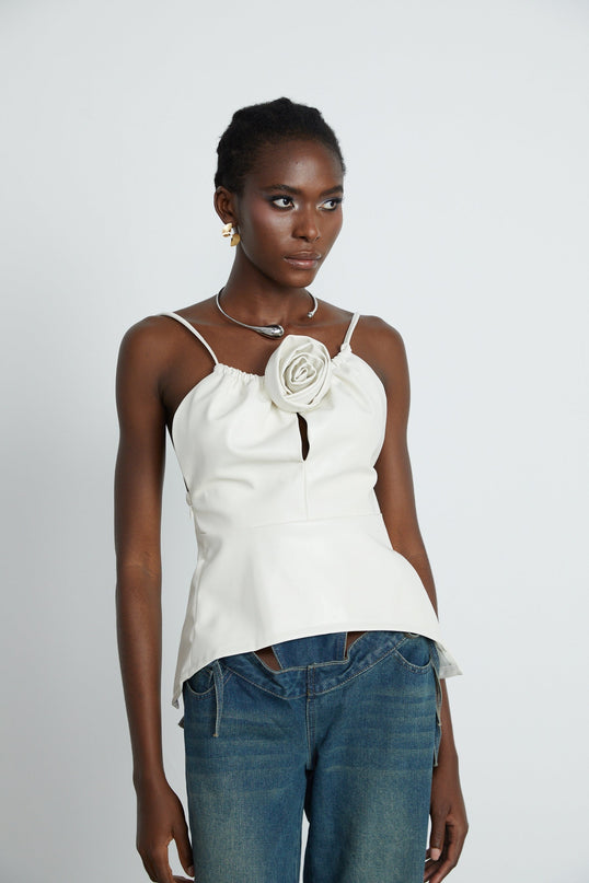 Meredith White Leather Floral Top