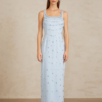 Meris Blue Crystal Embellished Maxi Gown in Light Blue with Scoop Neck and Sleeveless Silhouette