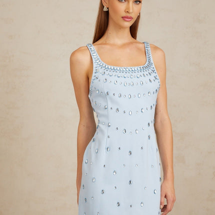 Meris Blue Crystal Embellished Maxi Gown in Light Blue with Scoop Neck and Sleeveless Silhouette