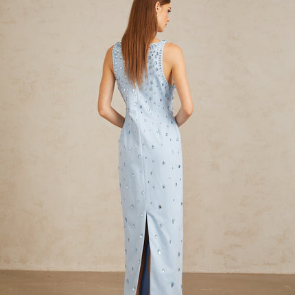 Meris Blue Crystal Embellished Maxi Gown in Light Blue with Scoop Neck and Sleeveless Silhouette