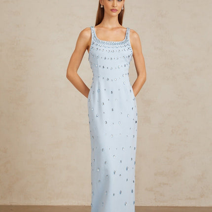 Meris Blue Crystal Embellished Maxi Gown in Light Blue with Scoop Neck and Sleeveless Silhouette