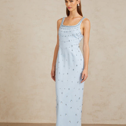 Meris Blue Crystal Embellished Maxi Gown in Light Blue for Special Occasions