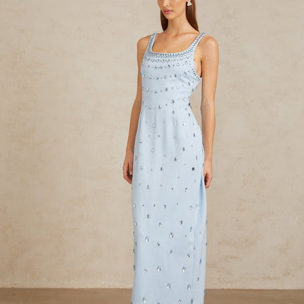 Meris Blue Crystal Embellished Maxi Gown in Light Blue color