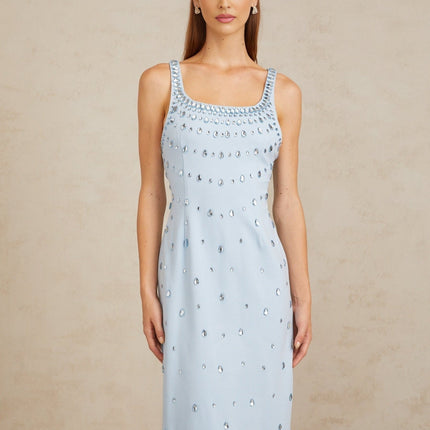 Meris Blue Crystal Embellished Maxi Gown in Light Blue color
