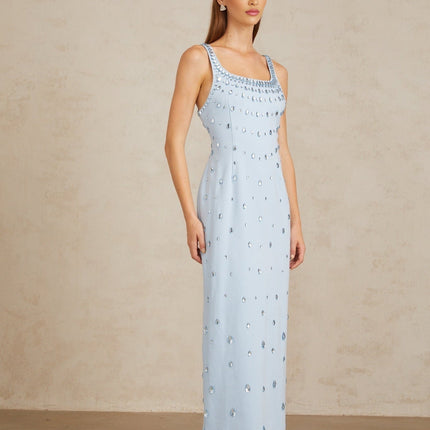Meris Blue Crystal Embellished Maxi Gown in Light Blue for Special Occasions