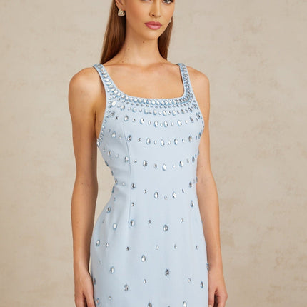Meris Blue Crystal Embellished Maxi Gown in Light Blue with Scoop Neck and Sleeveless Silhouette