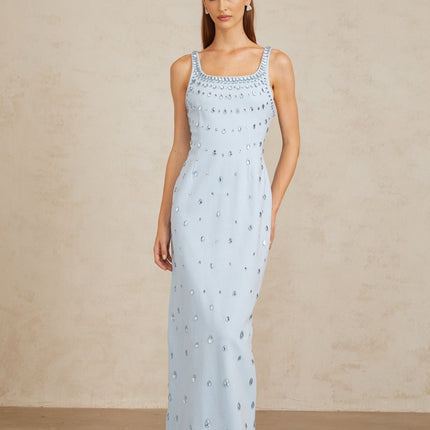 Meris Blue Crystal Embellished Maxi Gown in Light Blue color