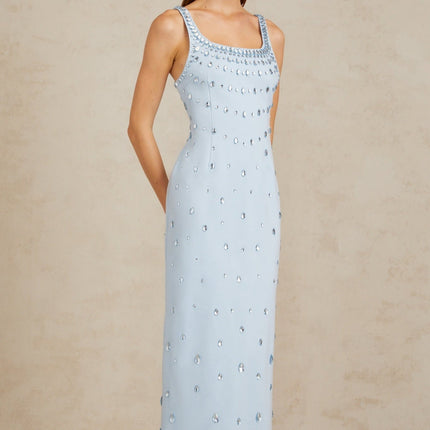 Meris Blue Crystal Embellished Maxi Gown in Light Blue with Scoop Neck and Sleeveless Silhouette