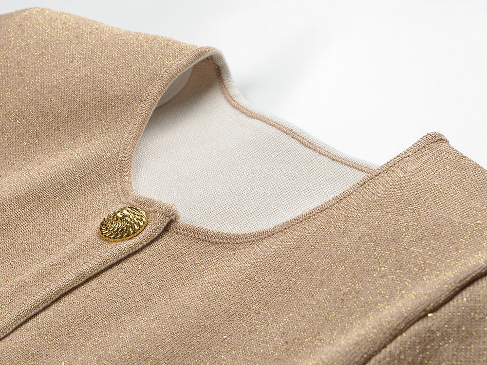 Metallic Beige Cropped Button-Up with Feather Accents