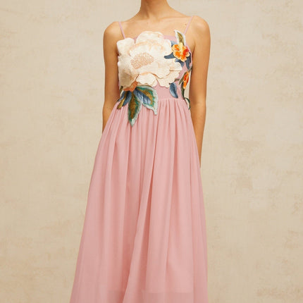 Mia Maxi Dress Floral Embroidered Pink Multicolor Elegant Graceful Sartorial Artistry Square Neck Sleeveless Adjustable Spaghetti Straps Fitted Waistline Floral Embroidery Shirred Effect Lined Rear Zip Fastening Floor-Length Gown Sophistication Terylene Fiber