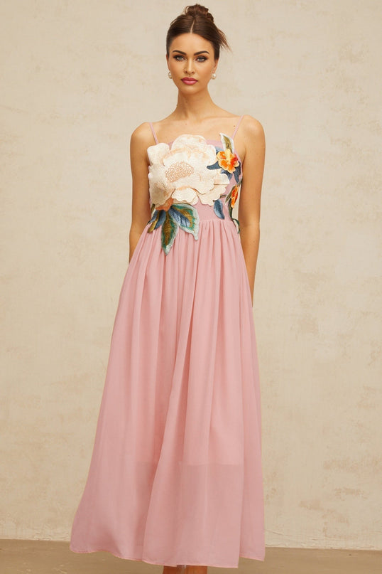 Mia Maxi Dress Floral Embroidered Pink Multicolor Elegant Graceful Sartorial Artistry Square Neck Sleeveless Adjustable Spaghetti Straps Fitted Waistline Floral Embroidery Shirred Effect Lined Rear Zip Fastening Floor-Length Gown Sophistication Terylene Fiber