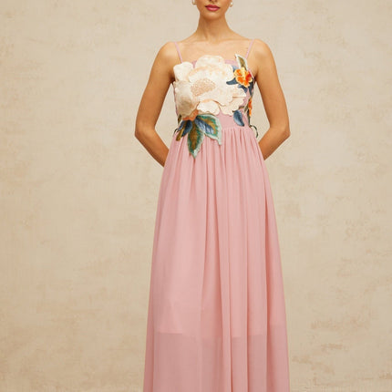 Mia Maxi Dress Floral Embroidered Pink Multicolor Elegant Sleeveless Square Neck Terylene Fiber