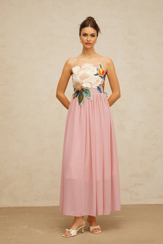 Mia Maxi Dress Floral Embroidered Pink Multicolor Elegant Sleeveless Square Neck Terylene Fiber