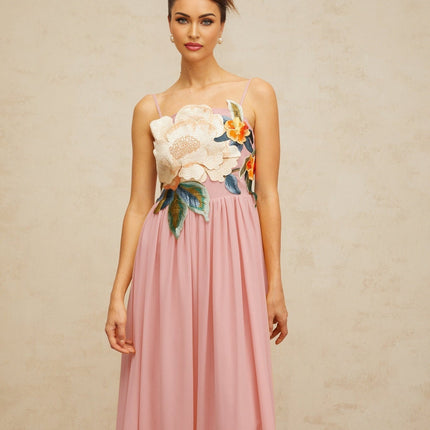 Mia Maxi Dress Floral Embroidered Pink Multicolor Elegant Sartorial Artistry Square Neck Sleeveless Adjustable Spaghetti Straps Fitted Waistline Floral Embroidery Shirred Effect Floor-Length Gown Sophistication Terylene Fiber