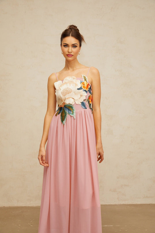 Mia Maxi Dress Floral Embroidered Pink Multicolor Elegant Sartorial Artistry Square Neck Sleeveless Adjustable Spaghetti Straps Fitted Waistline Floral Embroidery Shirred Effect Floor-Length Gown Sophistication Terylene Fiber