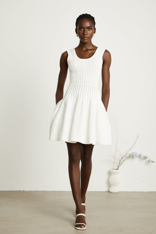 Mia White Knit Pleated Mini Dress