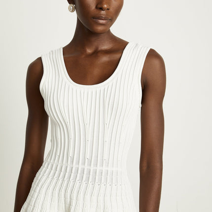 Mia White Pleated Knit Mini Dress with U-Neck and Fitted Waistline