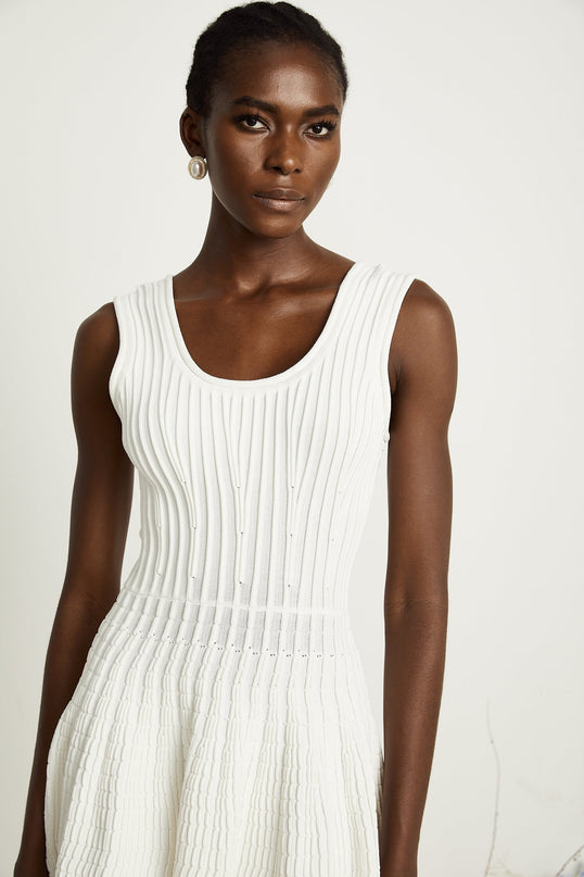 Mia White Pleated Knit Mini Dress with U-Neck and Fitted Waistline