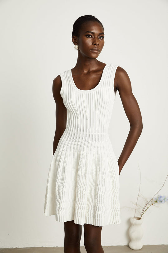 Mia White Pleated Knit Mini Dress