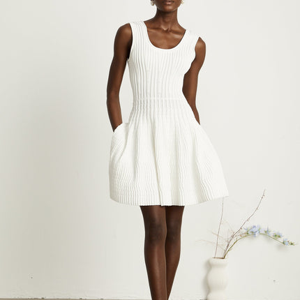 Mia White Pleated Knit Mini Dress