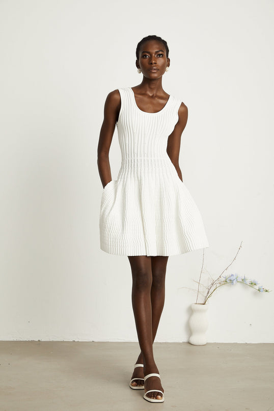 Mia White Pleated Knit Mini Dress