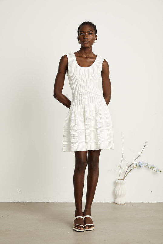 Mia White Pleated Knit Mini Dress