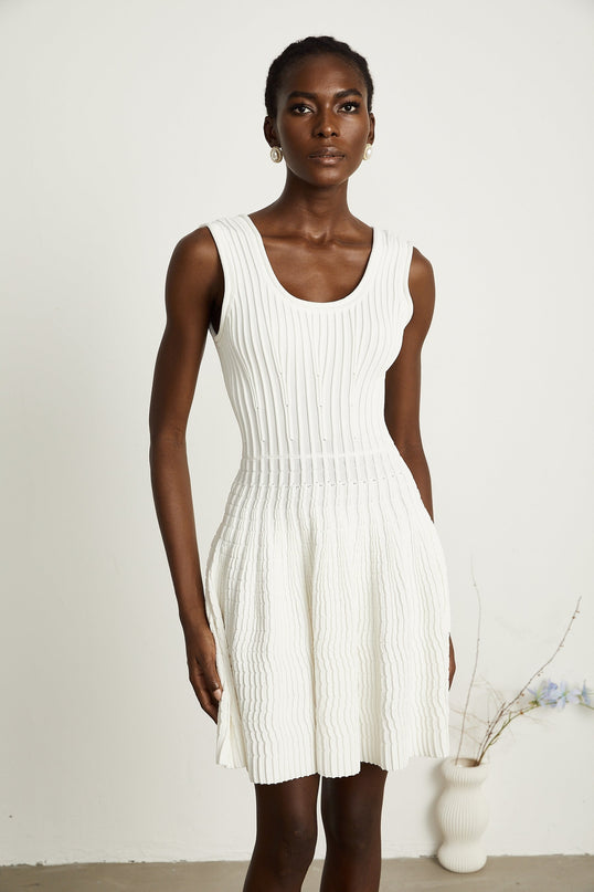 Mia White Pleated Knit Mini Dress
