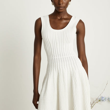 Mia White Pleated Knit Mini Dress with U-neck and Fitted Waistline