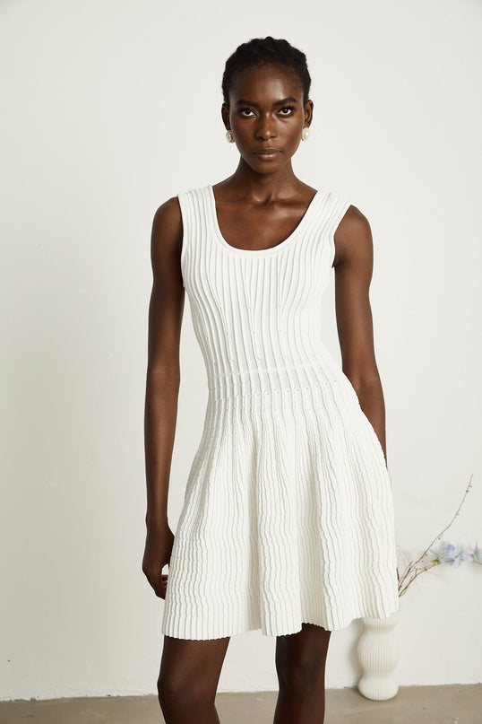 Mia White Pleated Knit Mini Dress with U-neck and Fitted Waistline