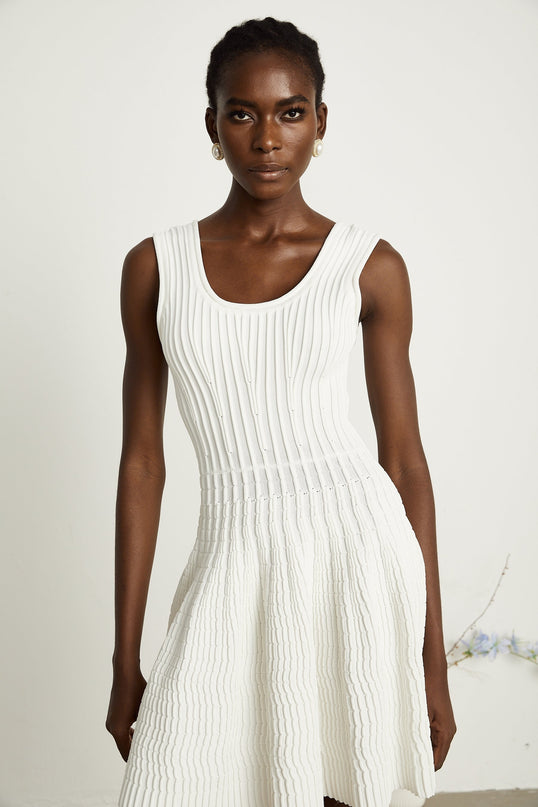 Mia White Pleated Knit Mini Dress