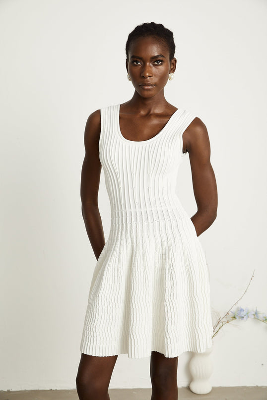 Mia White Pleated Knit Mini Dress