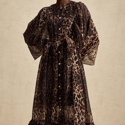 Michaela Brown Leopard Print Midi Dress with Long Puff Sleeves and Ruffled Detailing