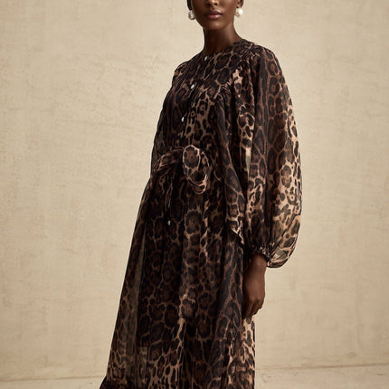 Michaela Brown Leopard Print Midi Dress with Long Puff Sleeves and Ruffled Detailing