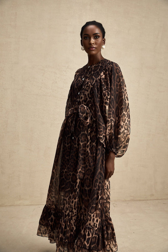 Michaela Brown Leopard Print Midi Dress with Long Puff Sleeves and Ruffled Detailing