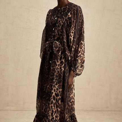 Michaela Brown Leopard Print Midi Dress with Long Puff Sleeves and Ruffled Detailing