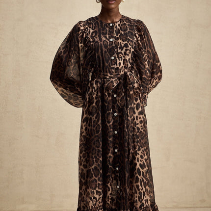 Michaela Brown Leopard Print Midi Dress with Long Puff Sleeves